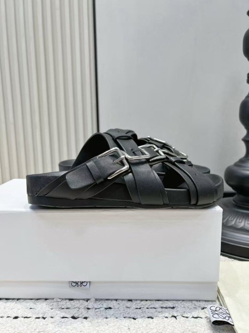 Loewe Black Leather Multi‑Strap Crisscross Buckle Slide Sandals - Picture 8 of 9